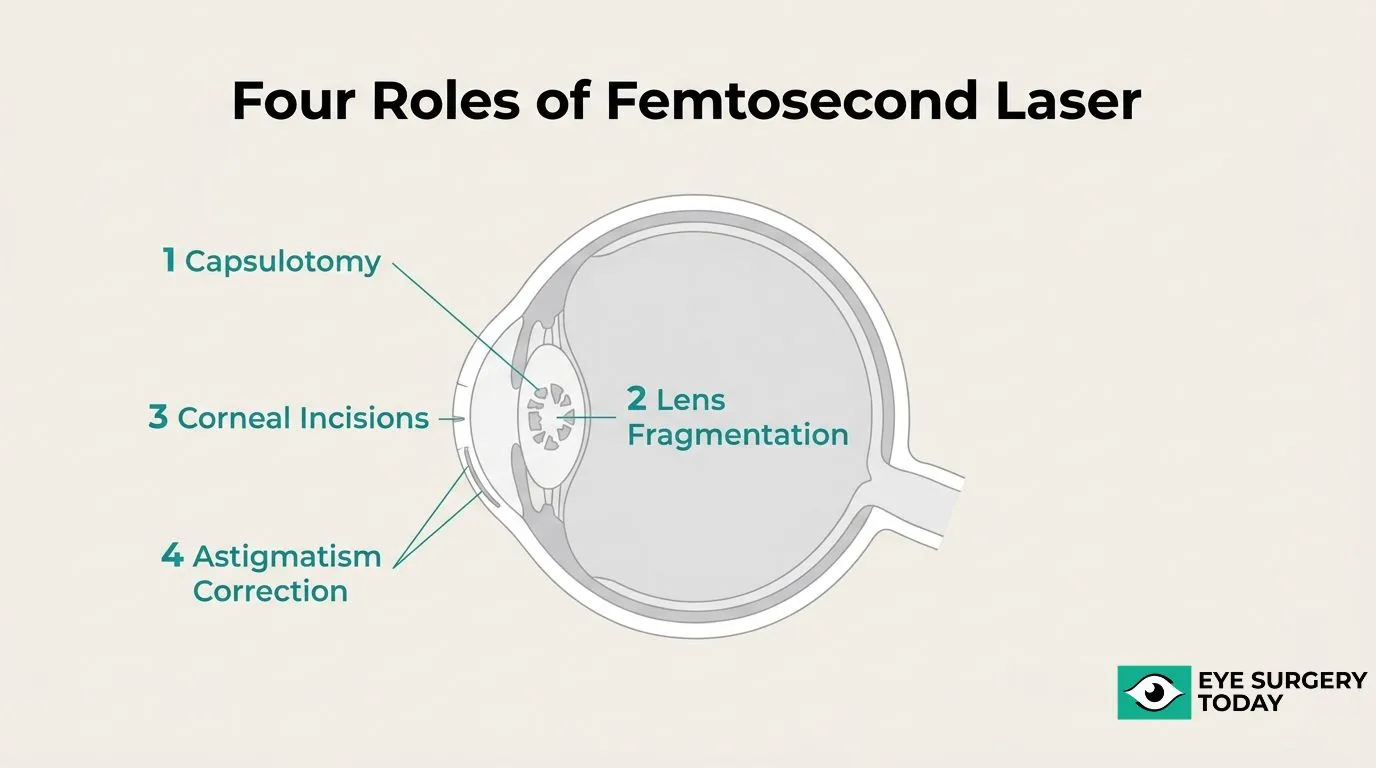 Four roles of femtosecond laser in cataract surgery: capsulotomy, lens fragmentation, corneal incisions, and astigmatism correction.