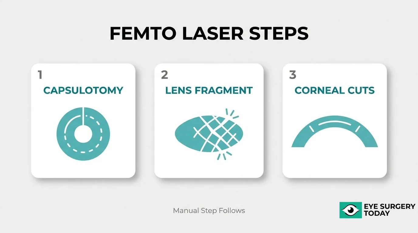 Femtosecond laser steps in cataract surgery showing capsulotomy, lens fragmentation, and corneal incisions before manual surgical steps