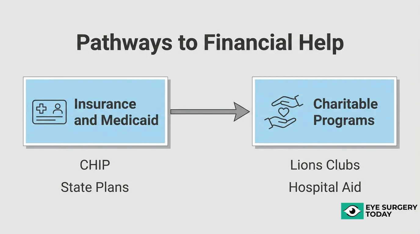 Financial assistance options for pediatric cataract treatment, including insurance, Medicaid, CHIP, state plans, charitable programs, Lions Clubs, and hospital aid.