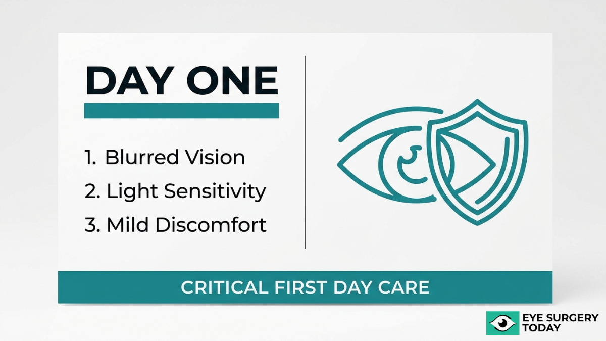 Day one cataract surgery symptoms including blurred vision, light sensitivity, and mild discomfort with first day care guidance