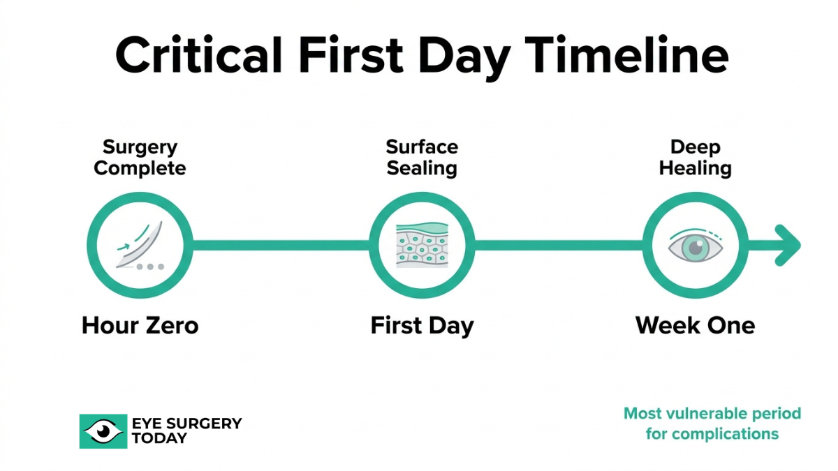 Timeline of cataract surgery recovery from surgery completion to first week healing stages