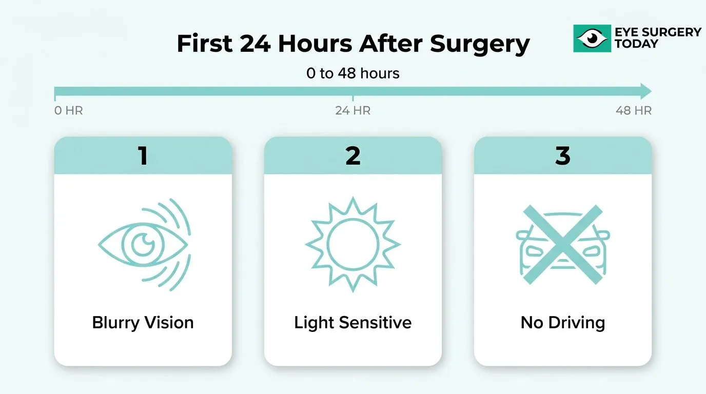First 24 to 48 hours after cataract surgery showing common limitations including blurry vision, light sensitivity, and no driving.