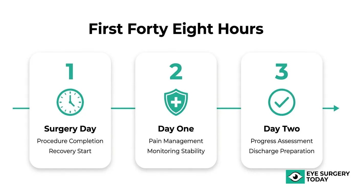 First 48 hours after cataract surgery timeline showing surgery day, day one, and day two recovery milestones