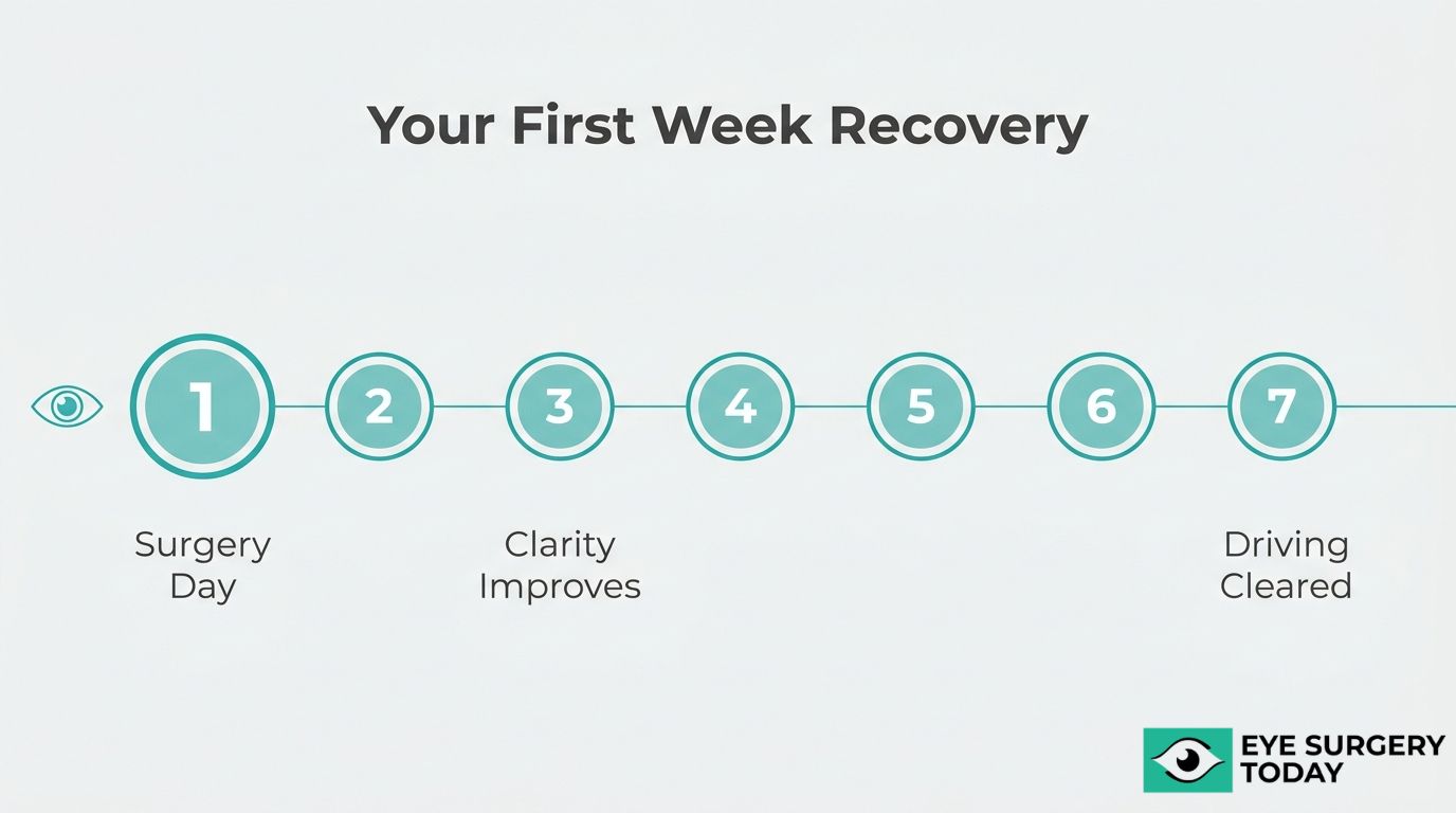 First week cataract surgery recovery timeline showing surgery day, clarity improvement, and driving clearance.