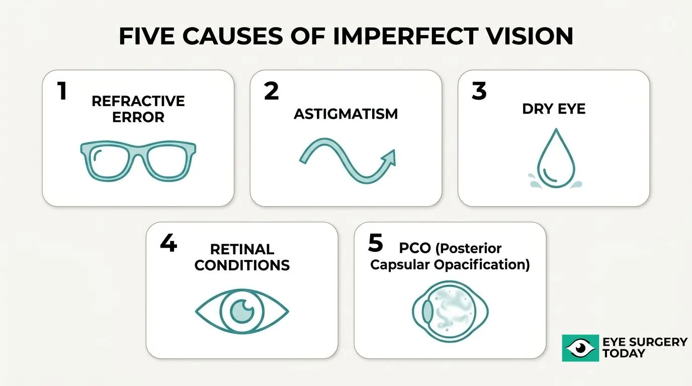 Five causes of imperfect vision after cataract surgery: refractive error, astigmatism, dry eye, retinal conditions, and posterior capsular opacification