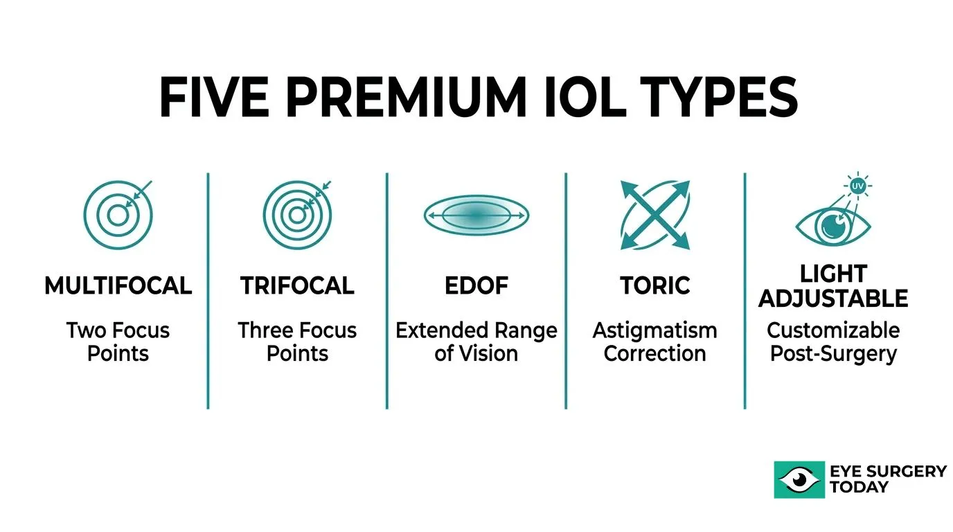 Five premium IOL types compared: multifocal, trifocal, EDOF, toric, and light-adjustable lenses with their primary vision benefits