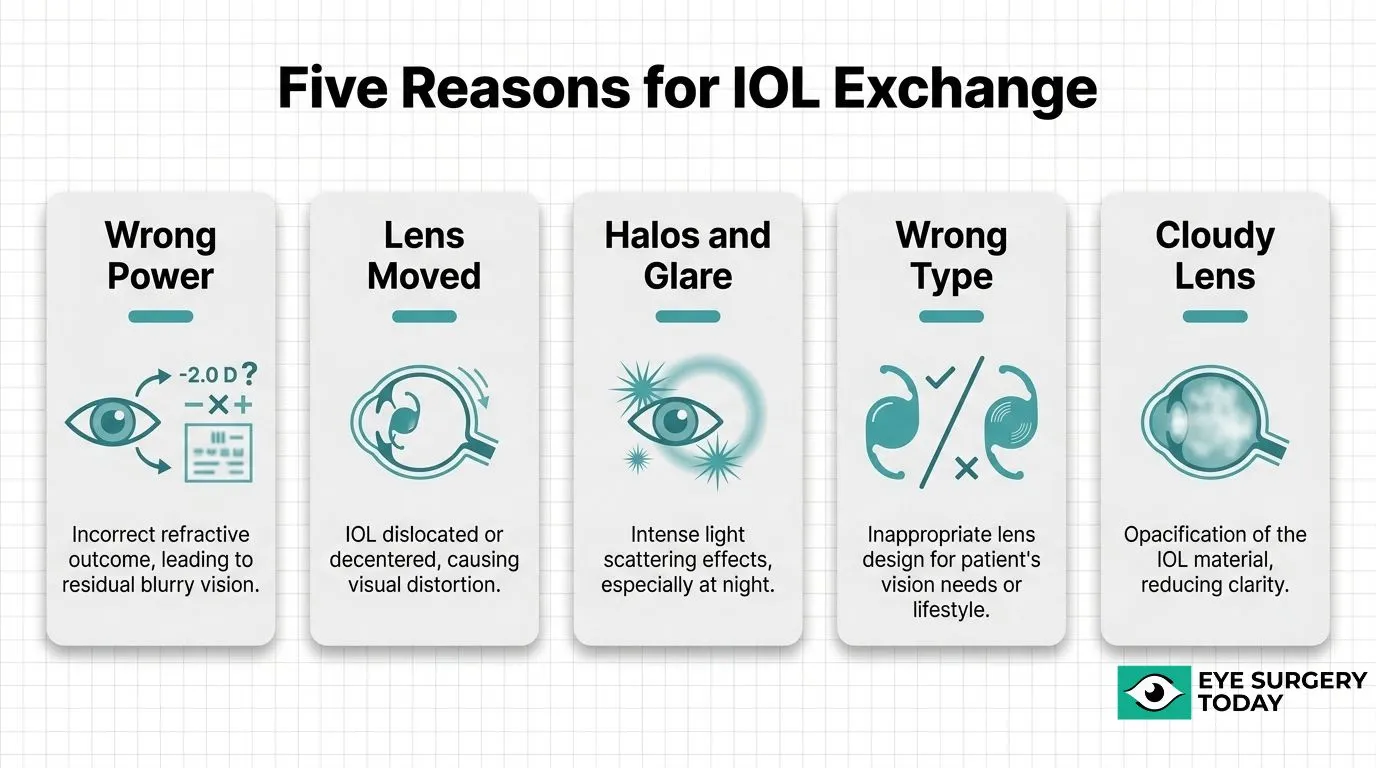 Five reasons for IOL exchange, including wrong lens power, lens movement, halos and glare, wrong lens type, and lens clouding.
