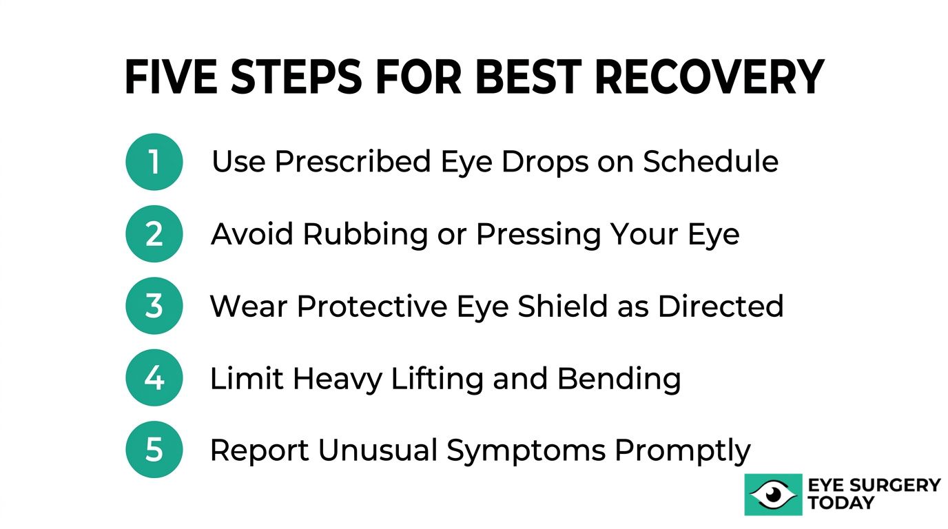 Five steps for best cataract surgery recovery showing prescribed eye drops, no eye rubbing, protective eye shield use, limited heavy lifting, and prompt reporting of unusual symptoms.