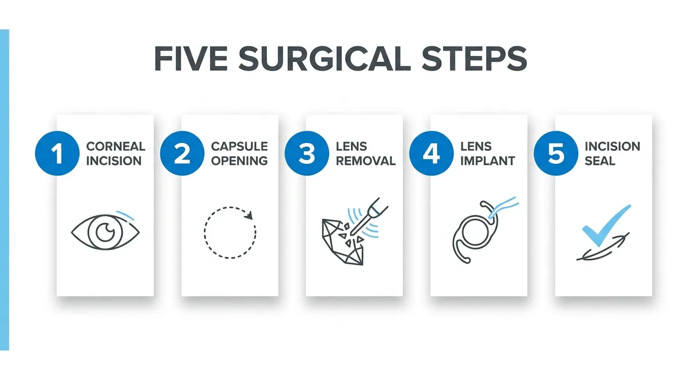 Five steps of cataract surgery: corneal incision, capsule opening, lens removal, intraocular lens implant, and incision sealing.