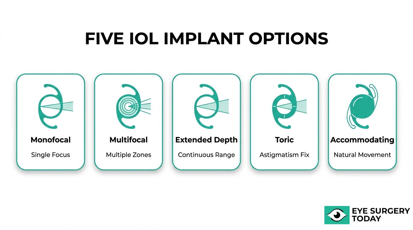 Five IOL implant options graphic showing monofocal, multifocal, extended depth, toric, and accommodating lenses.