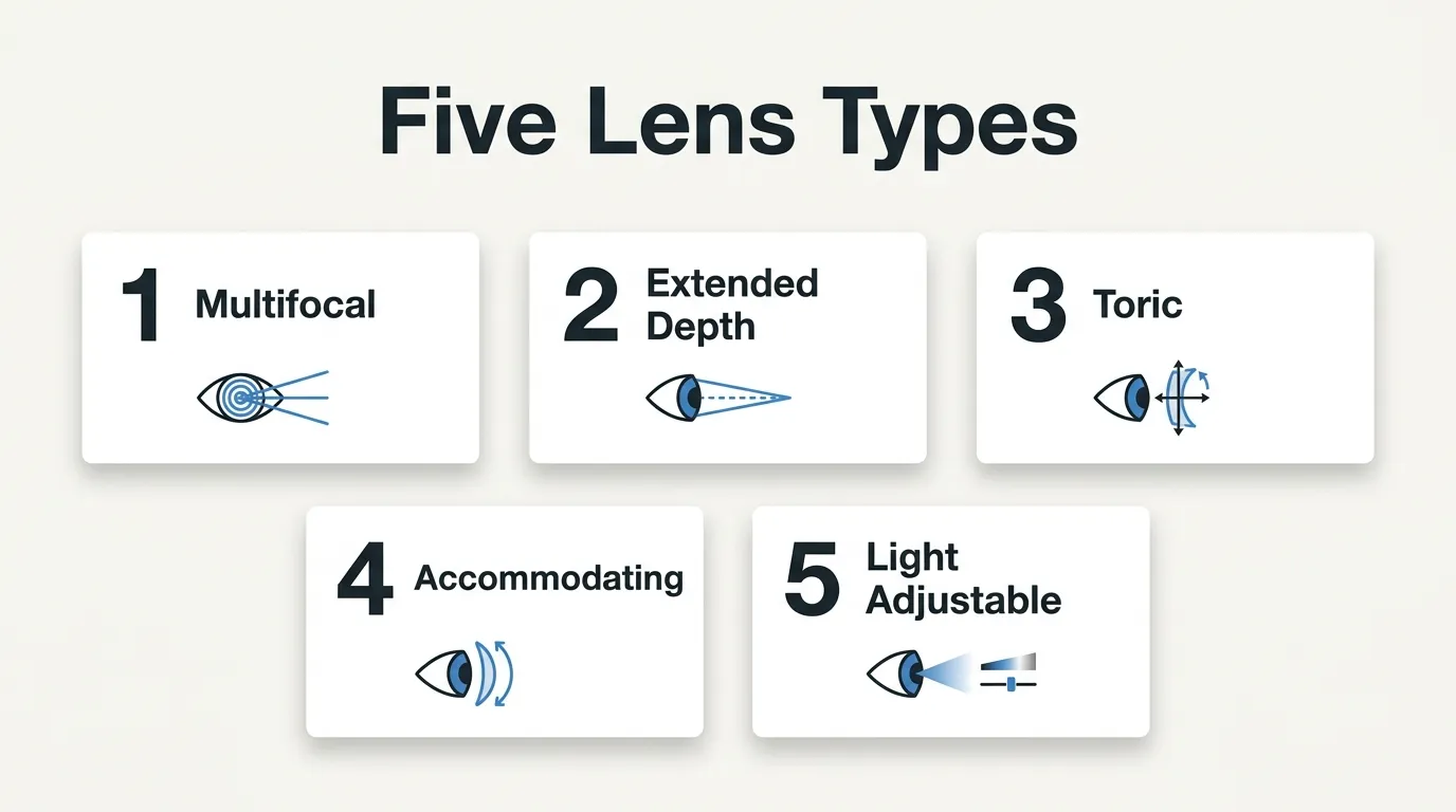 Five lifestyle lens types for cataract surgery, including multifocal, extended depth of focus, toric, accommodating, and light adjustable lenses.
