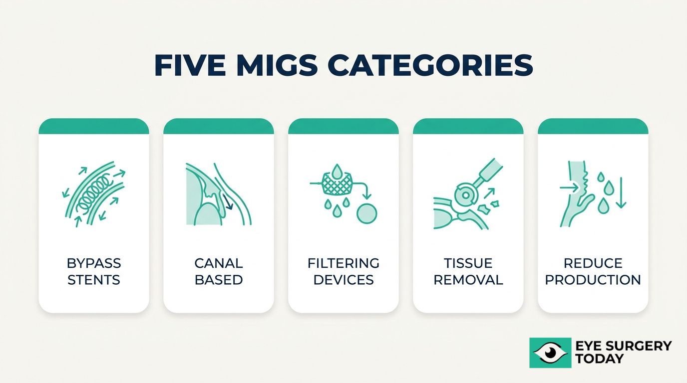 Five MIGS glaucoma surgery categories including bypass stents, canal-based procedures, filtering devices, tissue removal, and reduced fluid production.