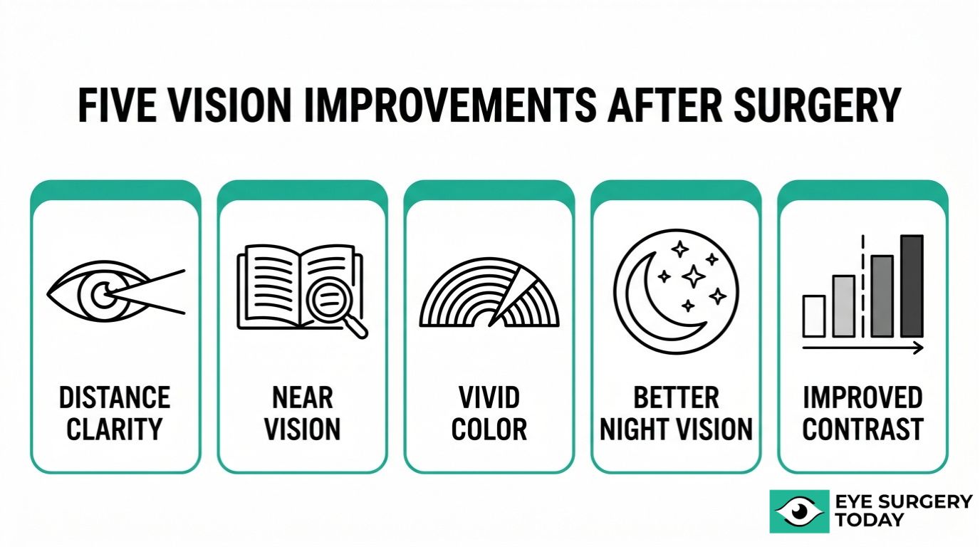 Five vision improvements after cataract surgery graphic showing distance clarity, near vision, vivid color, better night vision, and improved contrast.