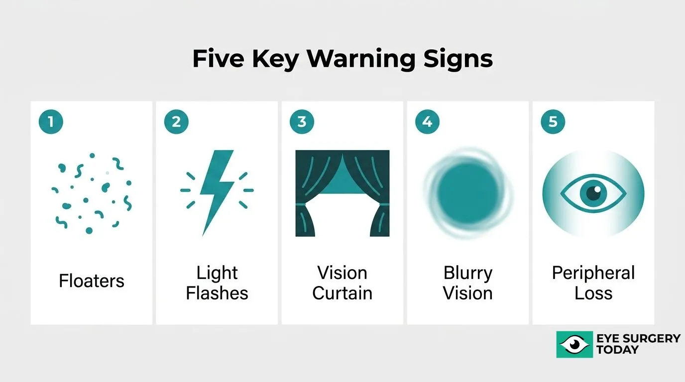 Five retinal detachment warning signs including floaters, light flashes, curtain vision, blurry vision, and peripheral vision loss