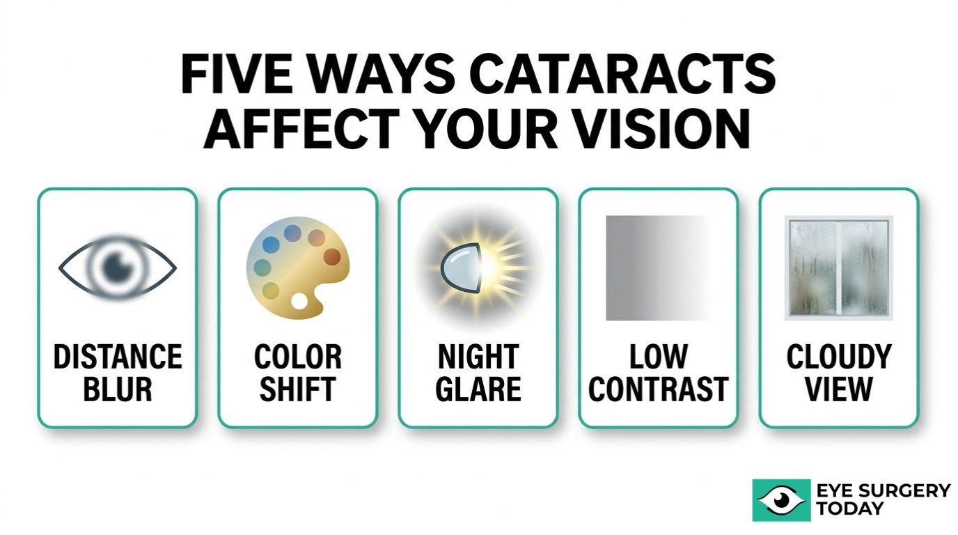 Five ways cataracts affect vision graphic showing distance blur, color shift, night glare, low contrast, and cloudy view.