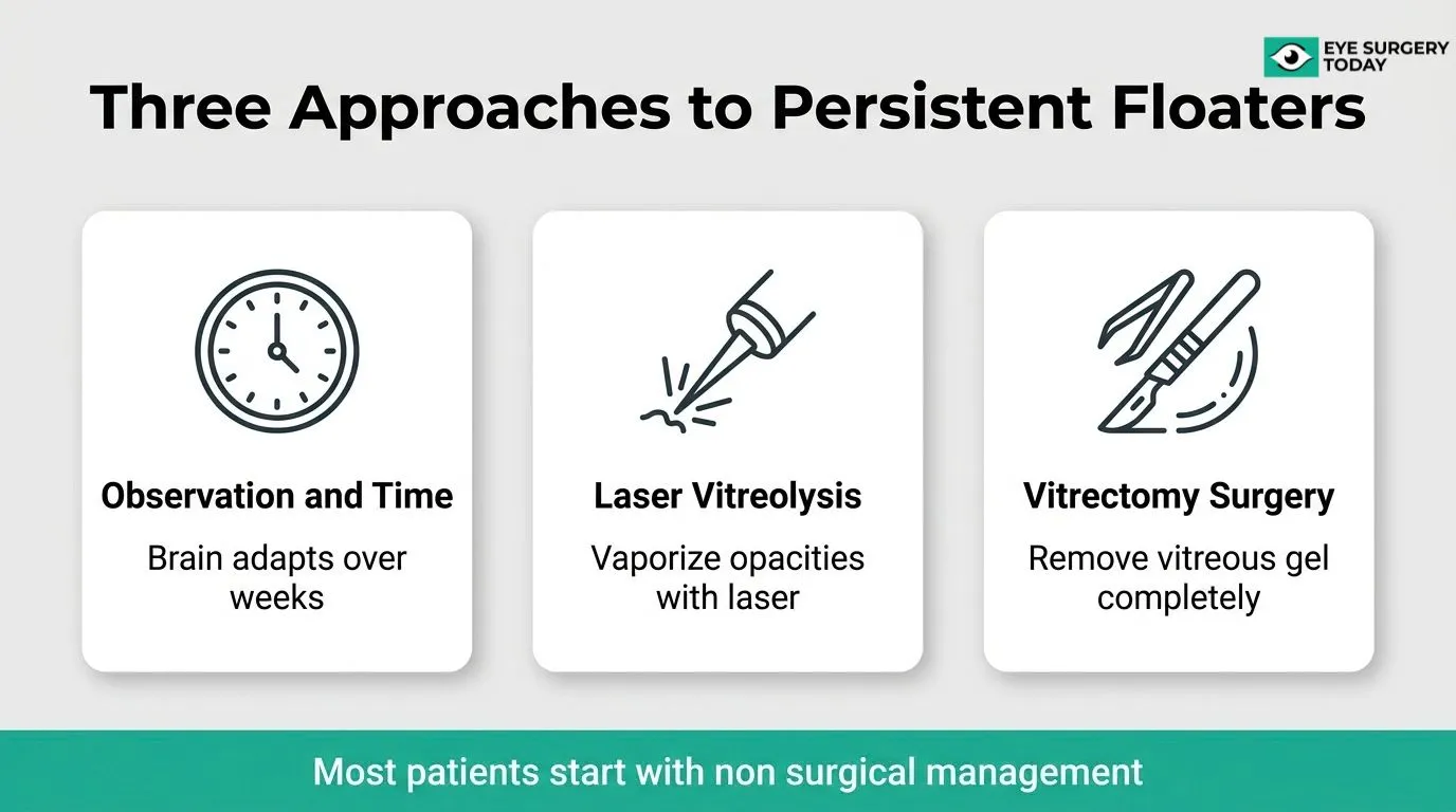 Comparison of treatment options for persistent eye floaters including observation, laser vitreolysis, and vitrectomy surgery