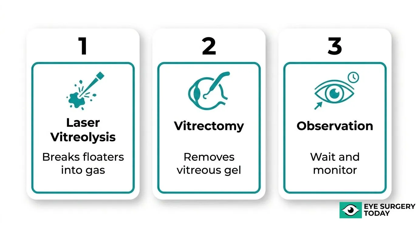 Comparison of eye floater treatment options including laser vitreolysis, vitrectomy, and observation.