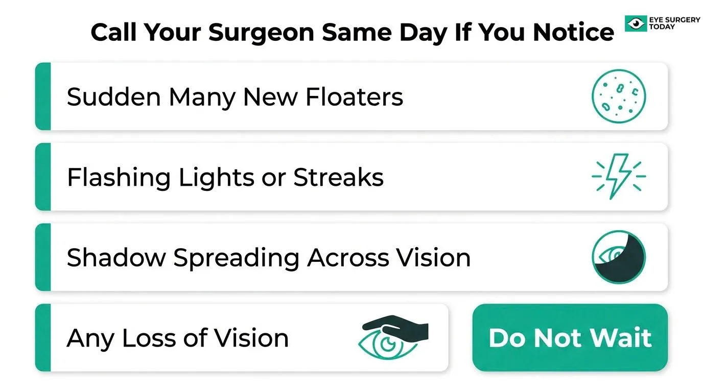 Warning signs after cataract surgery including sudden new floaters, flashing lights, spreading shadows, and vision loss