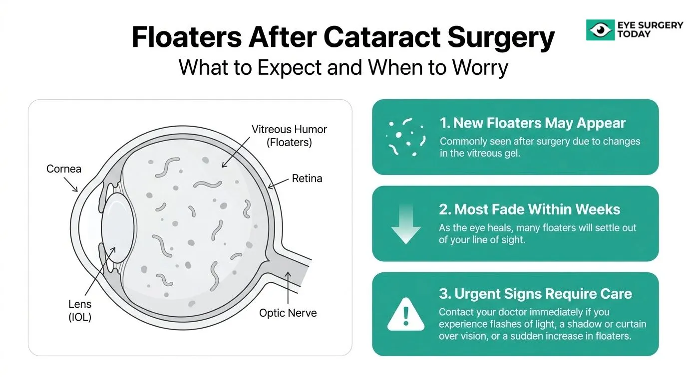 Guide to eye floaters after cataract surgery showing vitreous changes, expected recovery, and warning signs that need medical attention