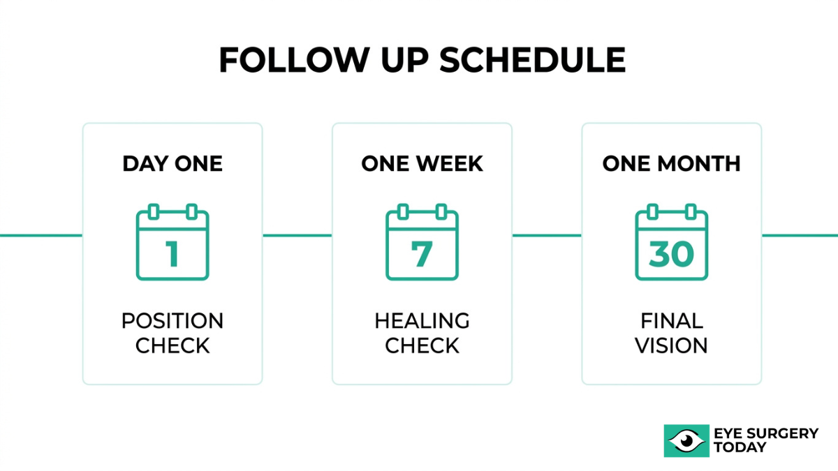 Cataract surgery follow-up schedule showing day one position check, one week healing check, and one month final vision assessment