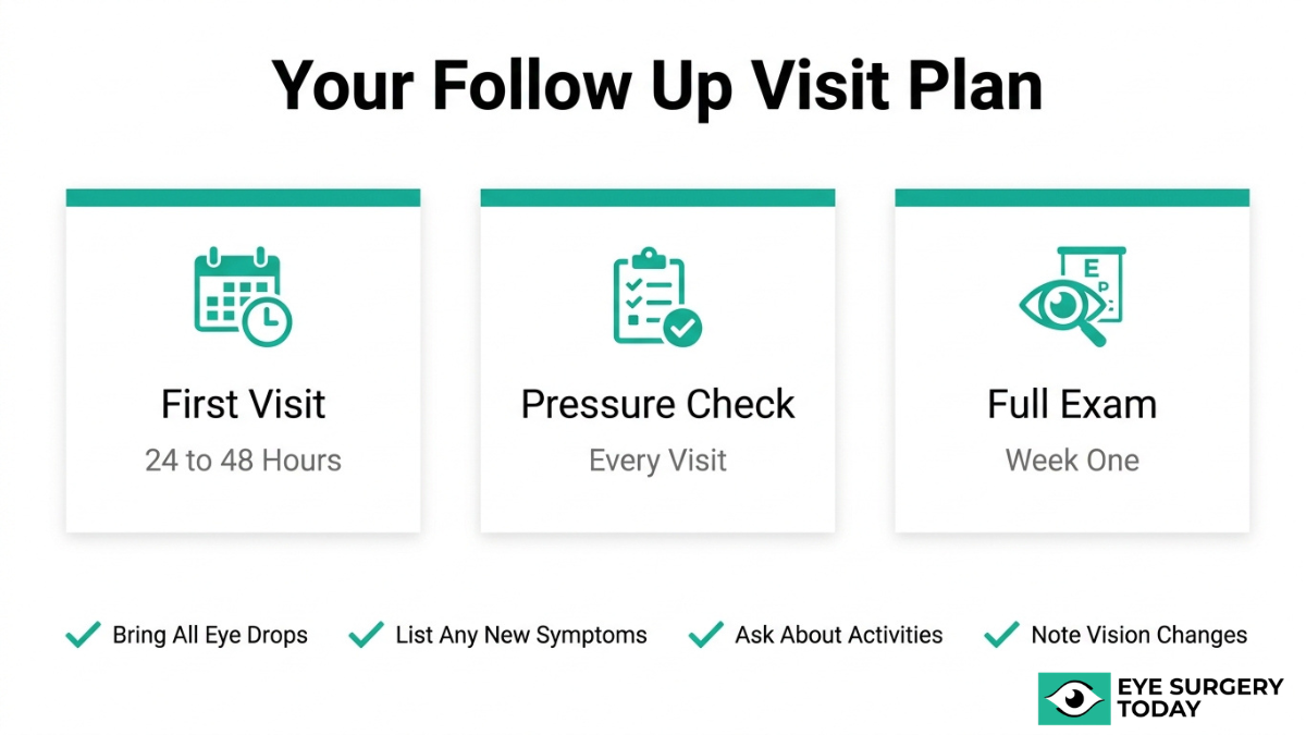 Cataract surgery follow-up schedule showing first visit timing, pressure checks, and week one eye exam