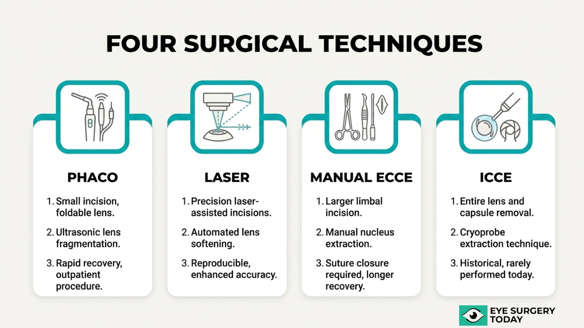Comparison of cataract surgery techniques including phacoemulsification, laser-assisted surgery, manual ECCE, and ICCE procedures