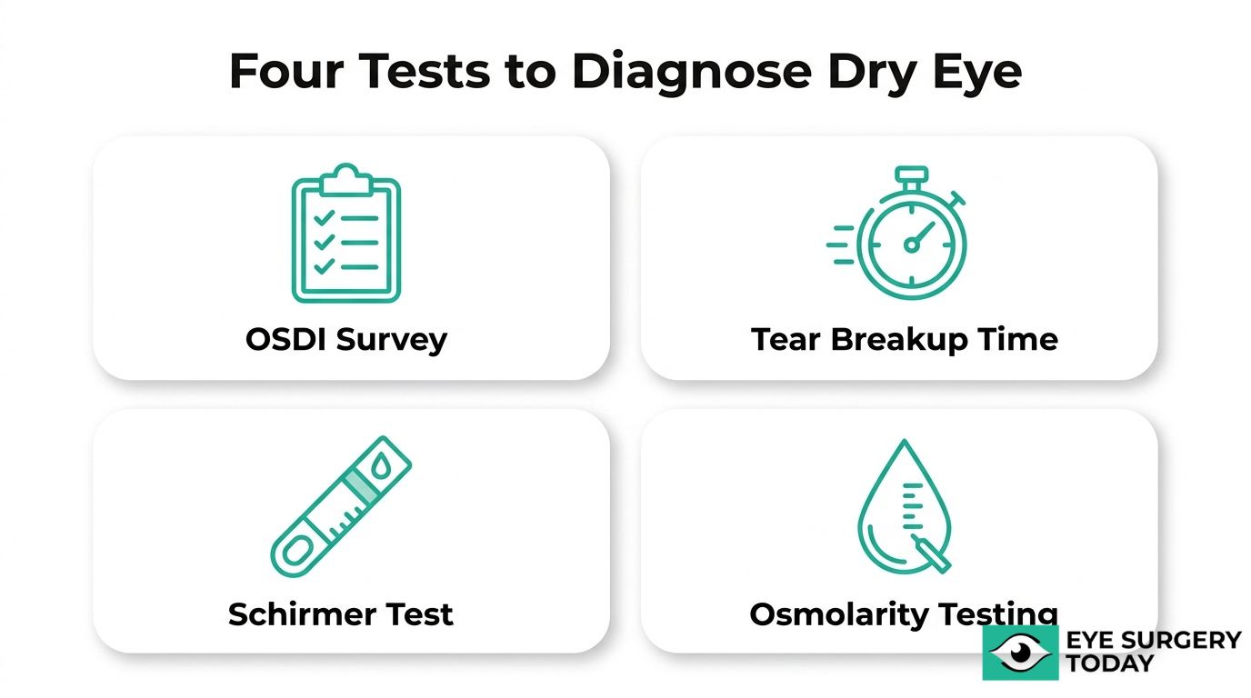 Four dry eye diagnostic tests graphic showing OSDI survey, tear breakup time, Schirmer test, and osmolarity testing.