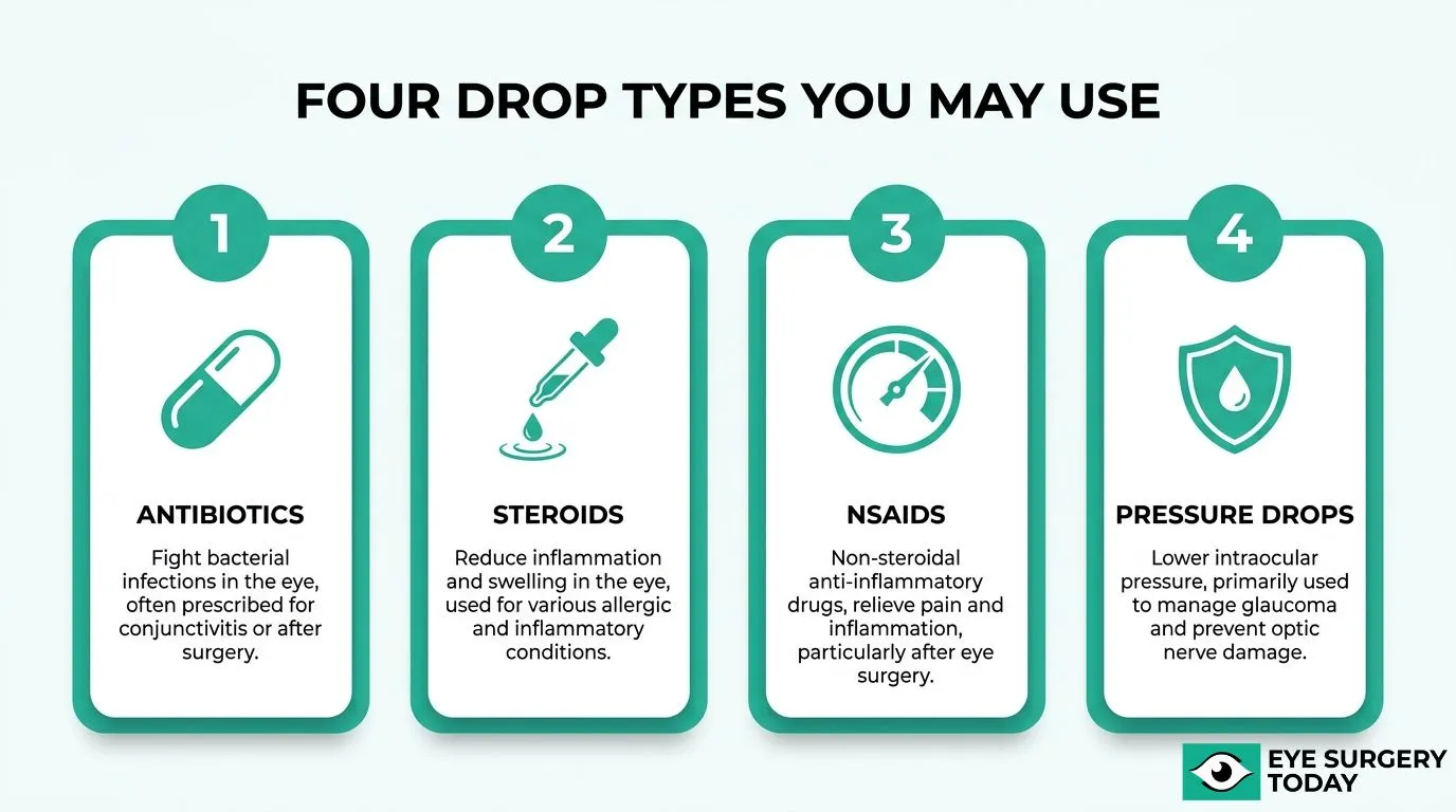 Four types of eye drops used after cataract surgery: antibiotics, steroids, NSAIDs, and pressure-lowering drops.