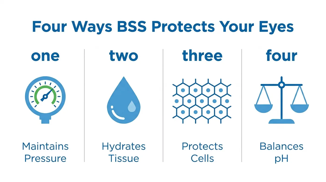 Four functions of balanced salt solution during eye surgery: maintaining pressure, hydrating tissue, protecting cells, and balancing pH.