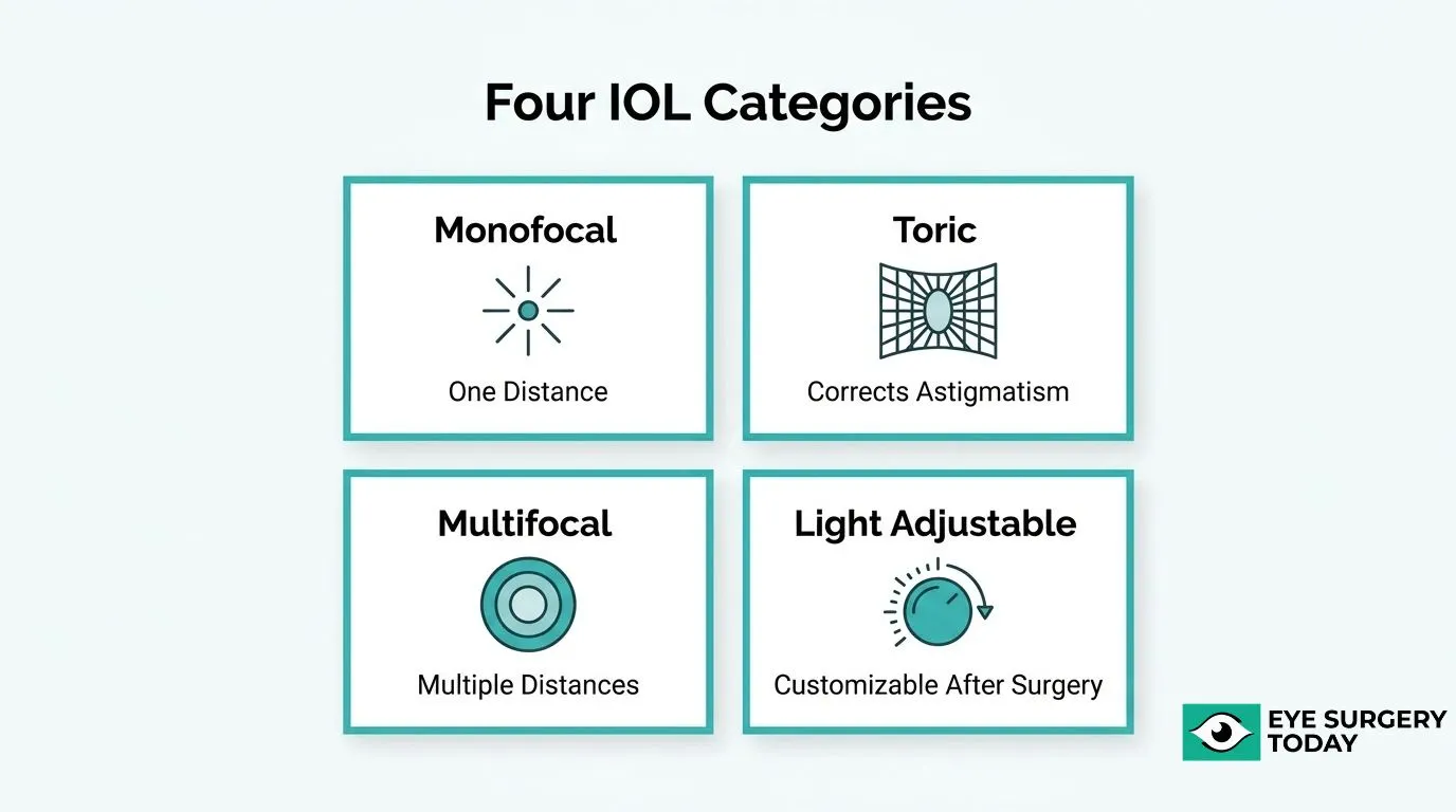 Four intraocular lens categories for cataract surgery, including monofocal, toric, multifocal, and light adjustable lenses.