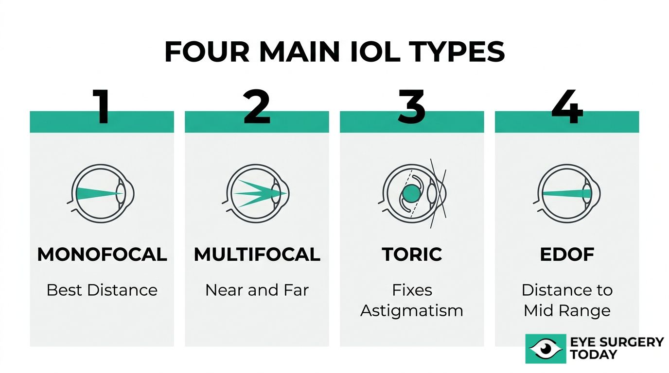 Four main IOL types graphic showing monofocal, multifocal, toric, and EDOF lens options.