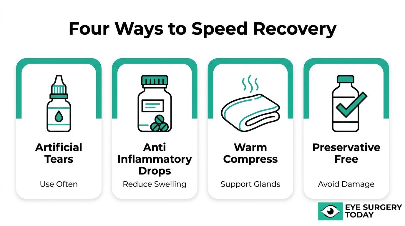 Four ways to speed dry eye recovery graphic showing artificial tears, anti inflammatory drops, warm compress, and preservative free products.