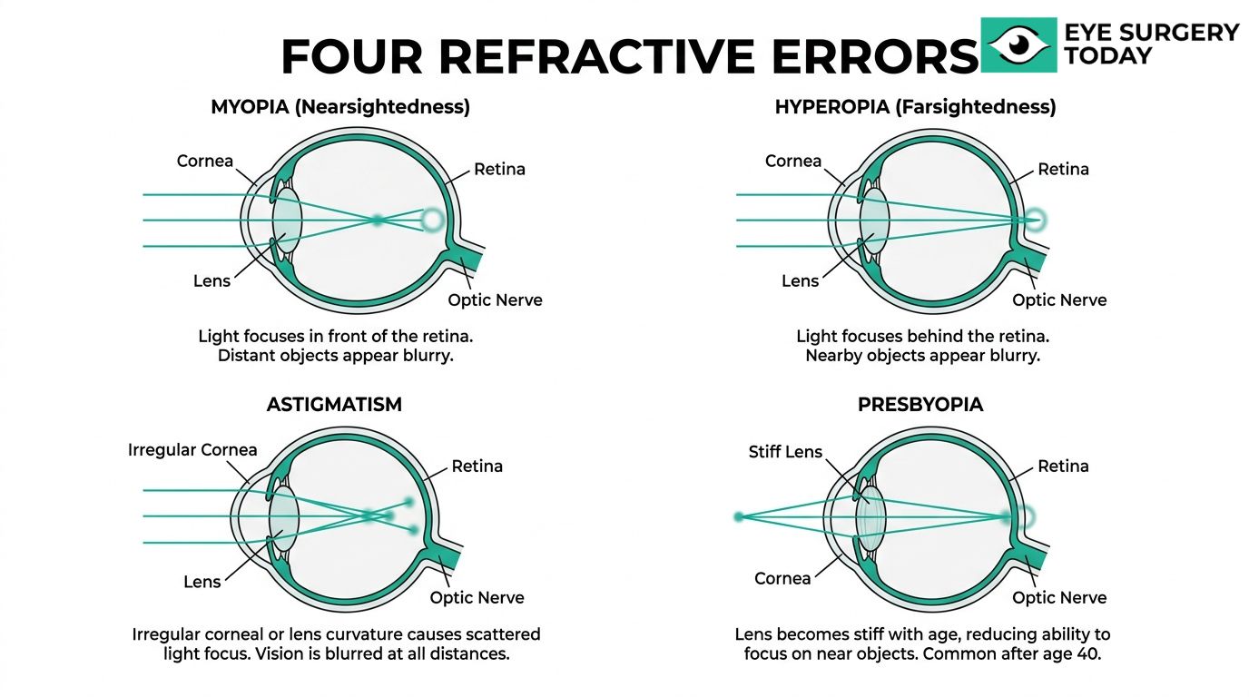Four refractive errors diagram showing myopia, hyperopia, astigmatism, and presbyopia with light focus patterns in the eye.