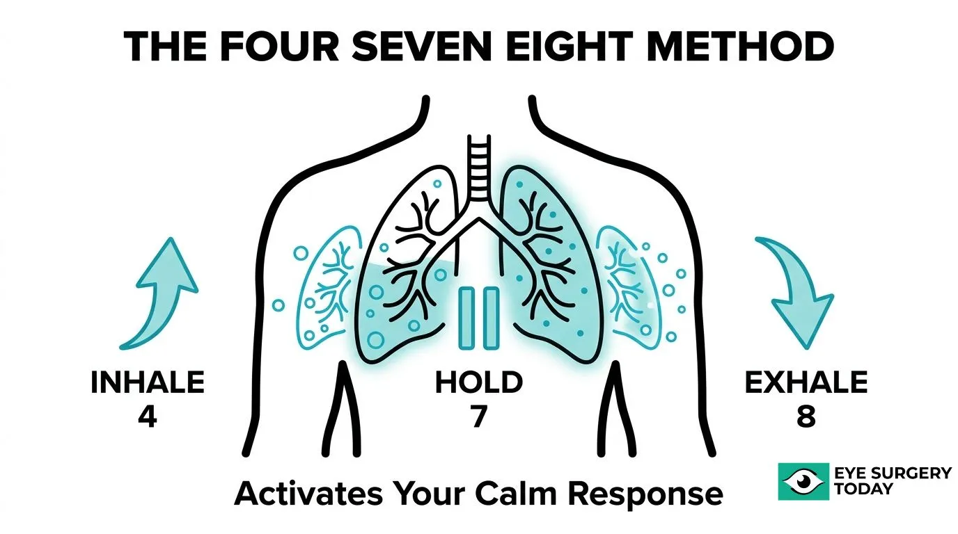 4-7-8 breathing technique for cataract surgery anxiety, with a four-count inhale, seven-count breath hold, and eight-count exhale.