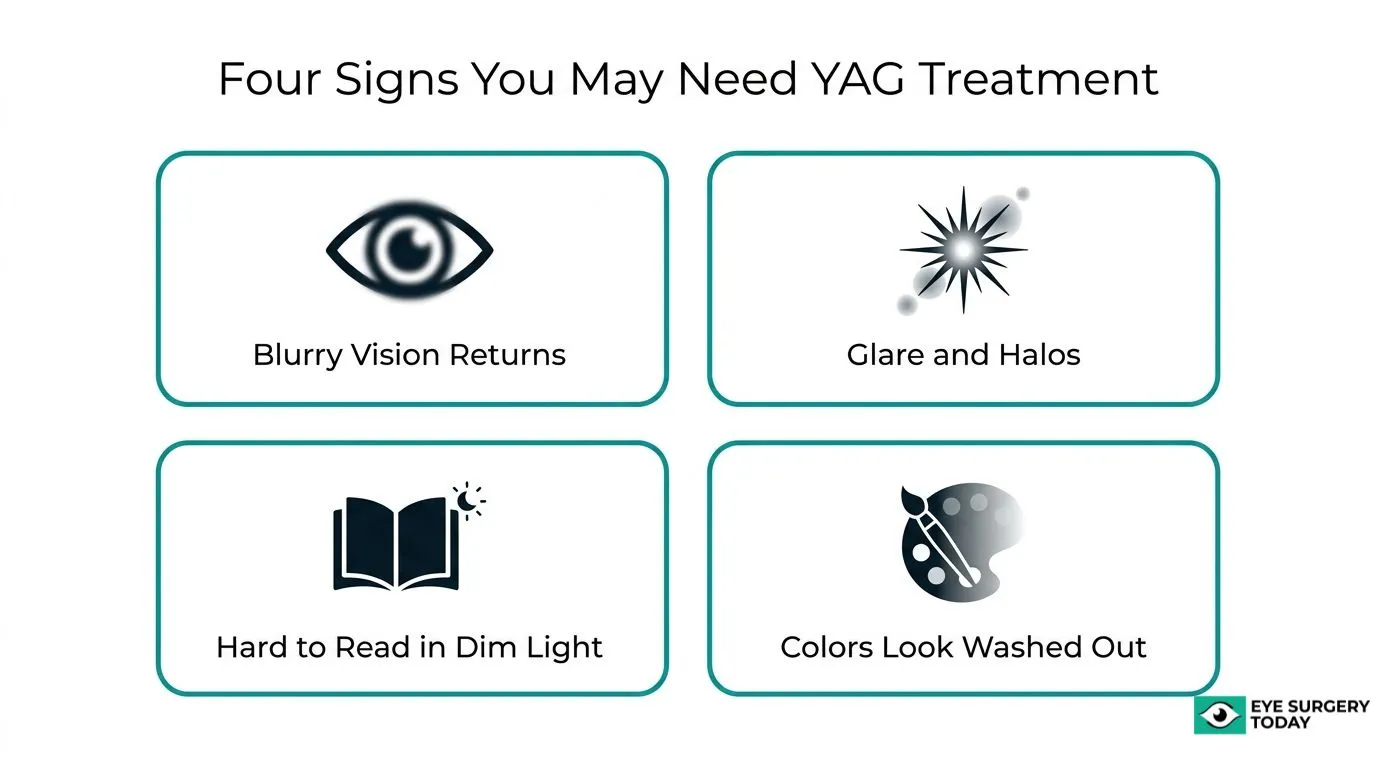 Four signs that may indicate a need for YAG treatment: returning blurry vision, glare and halos, difficulty reading in dim light, and washed-out colors.