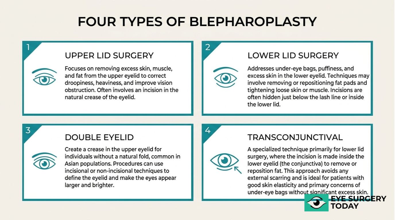 Four types of blepharoplasty graphic showing upper lid surgery, lower lid surgery, double eyelid surgery, and transconjunctival surgery.