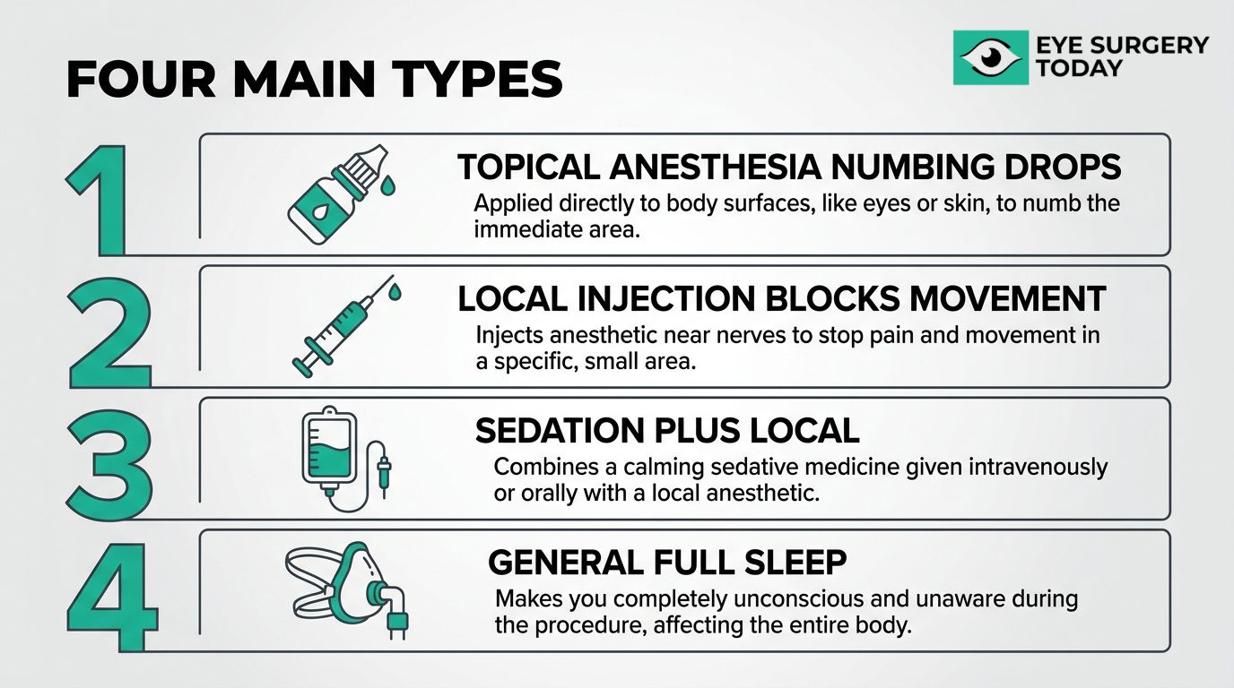 Infographic showing four main anesthesia types for eye surgery, including topical numbing drops, local injection, sedation plus local anesthesia, and general anesthesia.