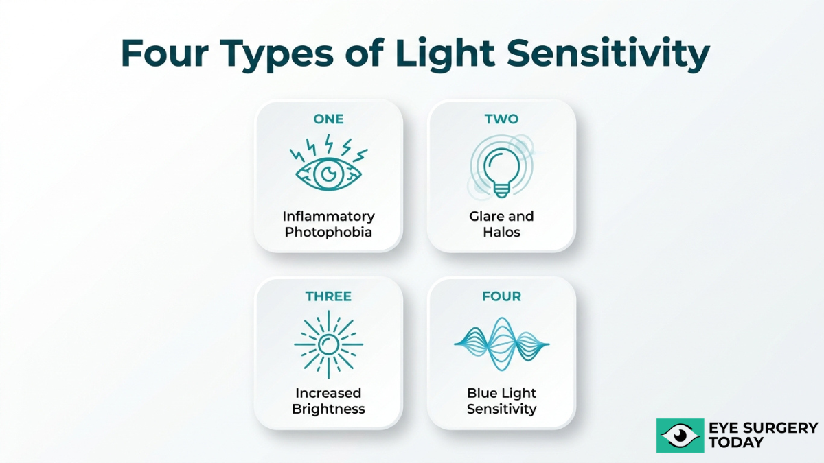 Different types of light sensitivity after eye surgery including glare, halos, brightness, and blue light sensitivity