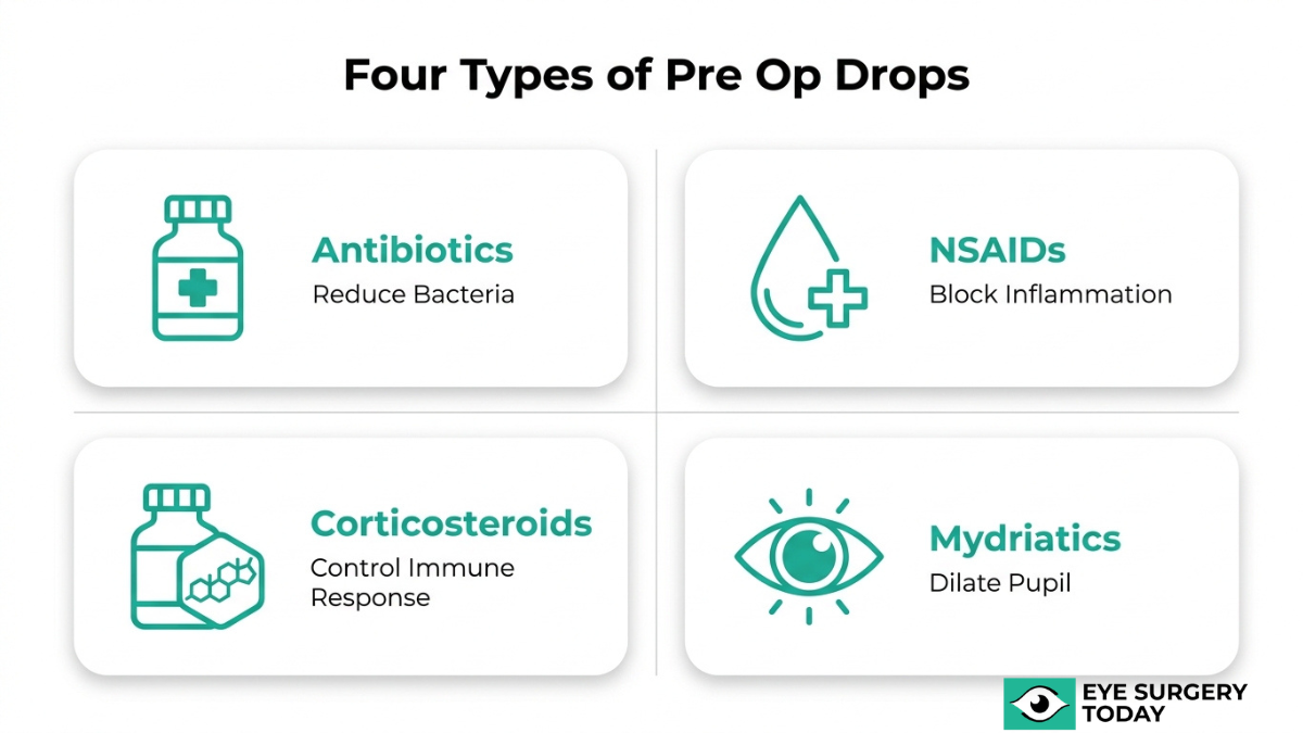 Types of preoperative eye drops for cataract surgery including antibiotics, NSAIDs, corticosteroids, and mydriatics