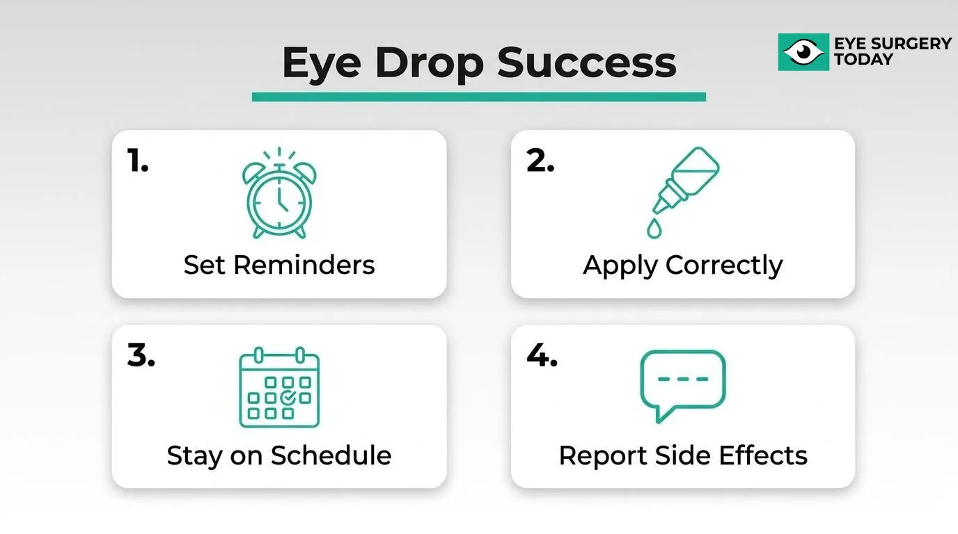 Glaucoma eye drop tips including setting reminders, applying drops correctly, following the schedule, and reporting side effects.