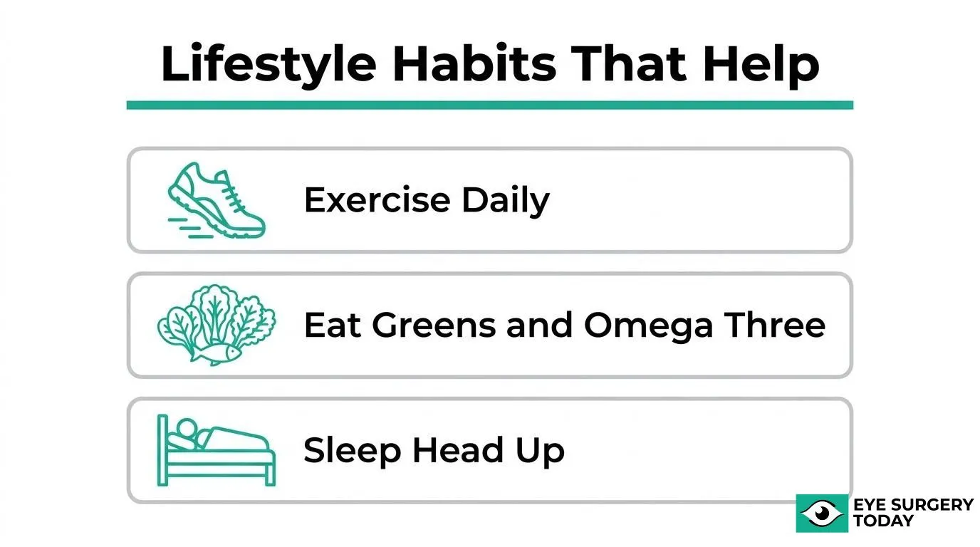 Lifestyle habits for glaucoma care including daily exercise, eating leafy greens and omega-3 foods, and sleeping with the head elevated.
