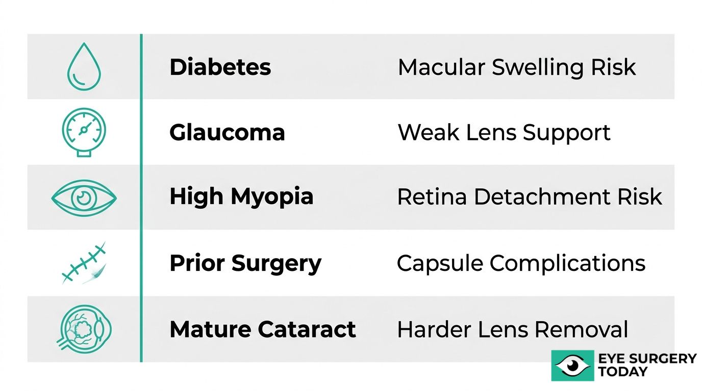 Cataract surgery risk factors chart showing diabetes, glaucoma, high myopia, prior surgery, and mature cataracts.