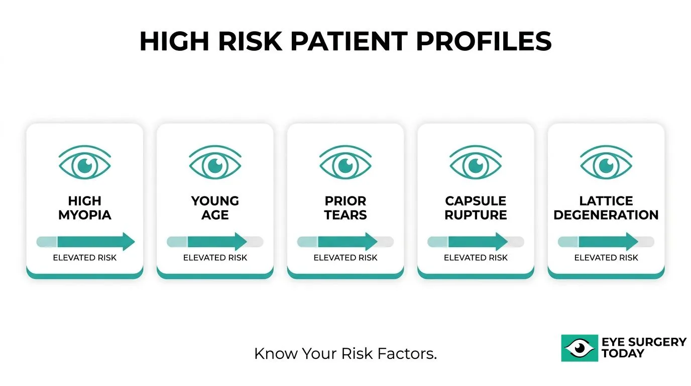 High-risk profiles for retinal detachment after cataract surgery, including high myopia, younger age, prior retinal tears, capsule rupture, and lattice degeneration.