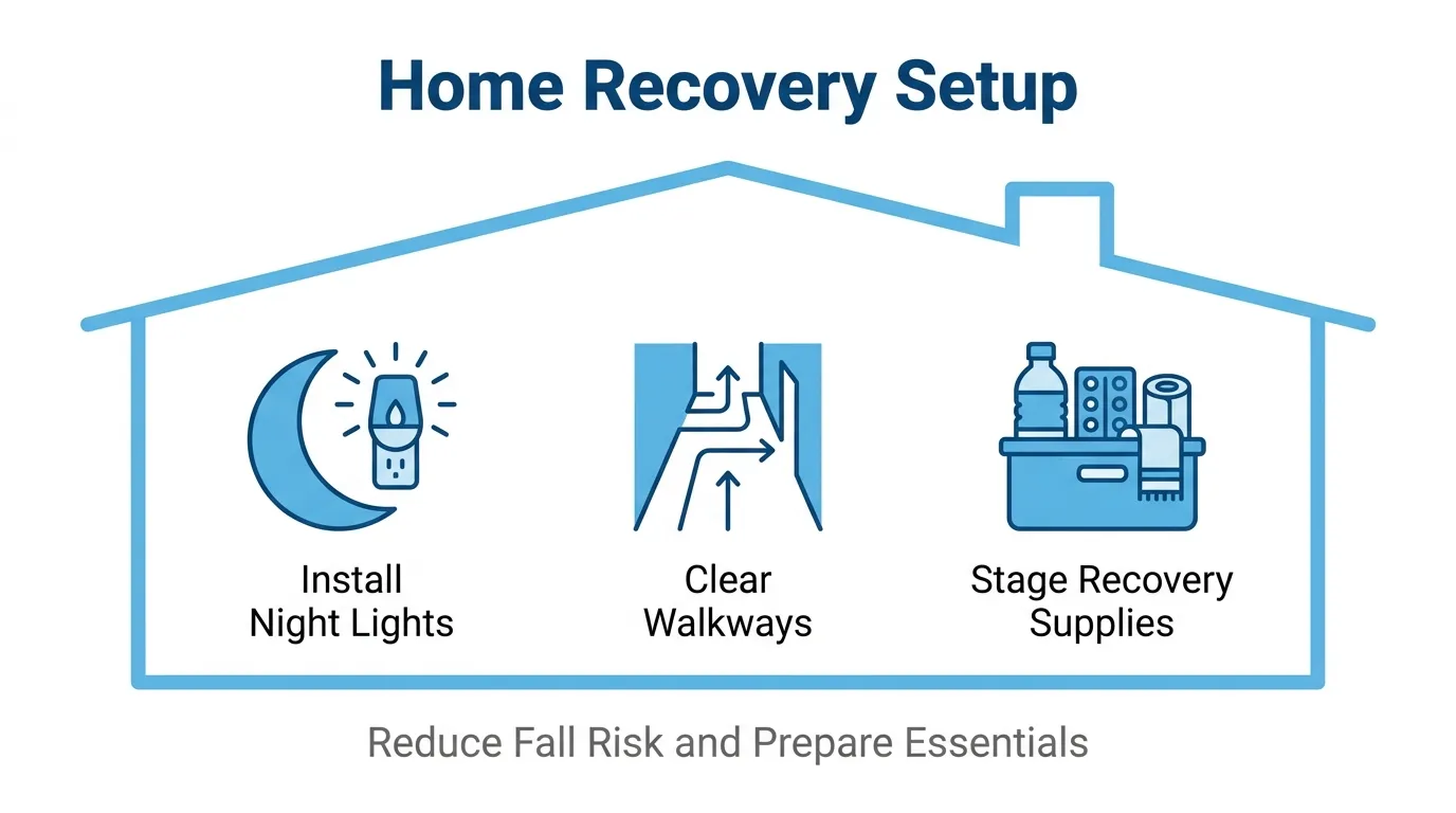 Home recovery setup for eye surgery with night lights, clear walkways, and staged recovery supplies to reduce fall risk.