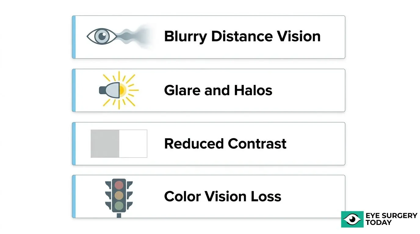 Ways cataracts can affect driving vision, including blurry distance vision, glare and halos, reduced contrast, and color vision loss.