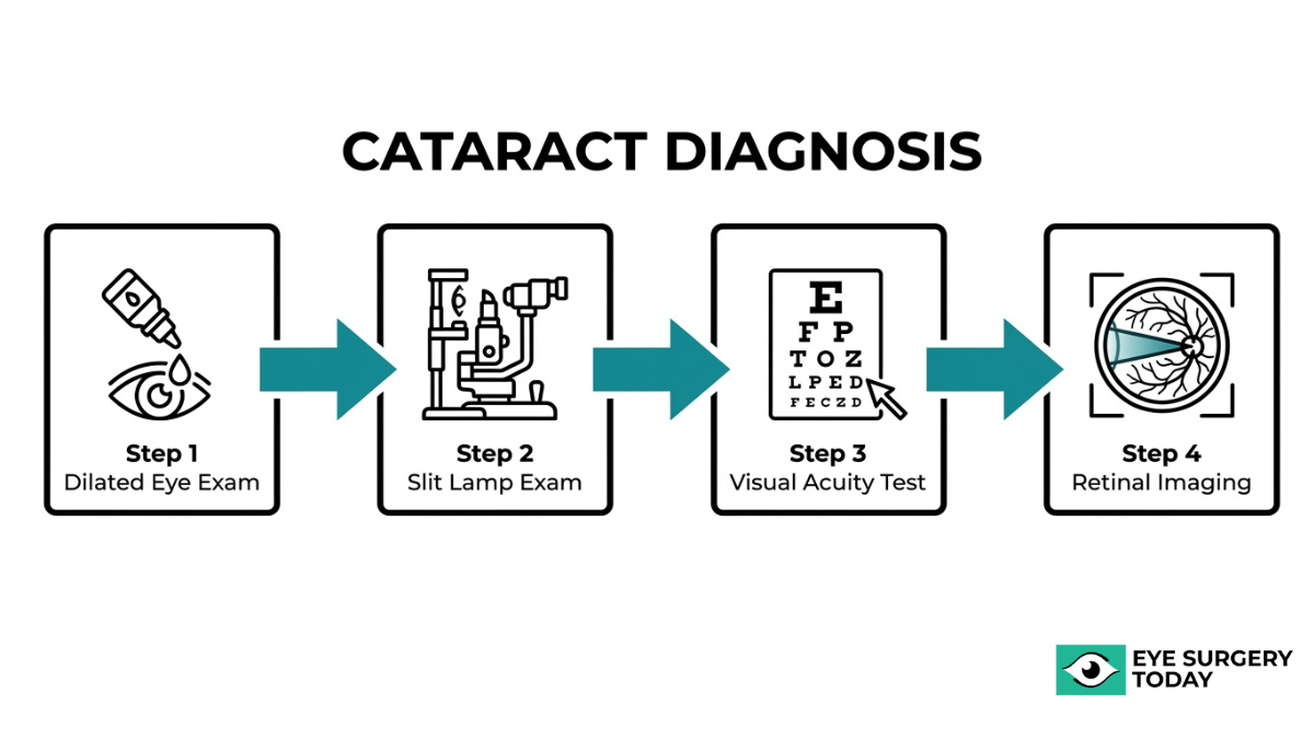 Cataract diagnosis process diagram including dilated eye exam, slit lamp exam, visual acuity test, and retinal imaging