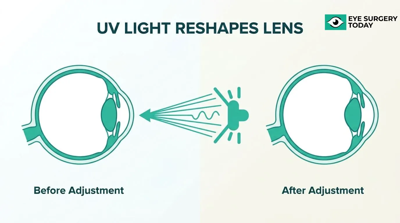 Diagram showing how UV light reshapes a light adjustable lens before and after lens adjustment