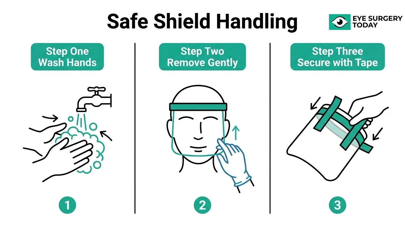 Steps for safely handling an eye shield after cataract surgery, including washing hands, gentle removal, and securing the shield with tape