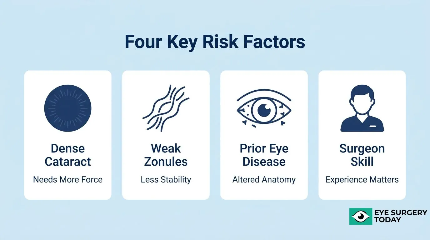 Key cataract surgery risk factors including dense cataracts, weak zonules, prior eye disease, and surgeon experience.