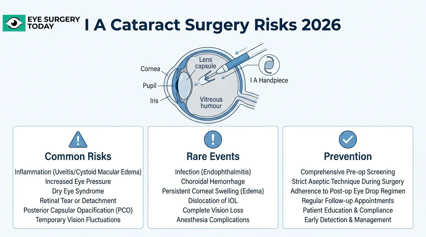 Overview of irrigation and aspiration cataract surgery risks, including common complications, rare serious events, and preventive measures.